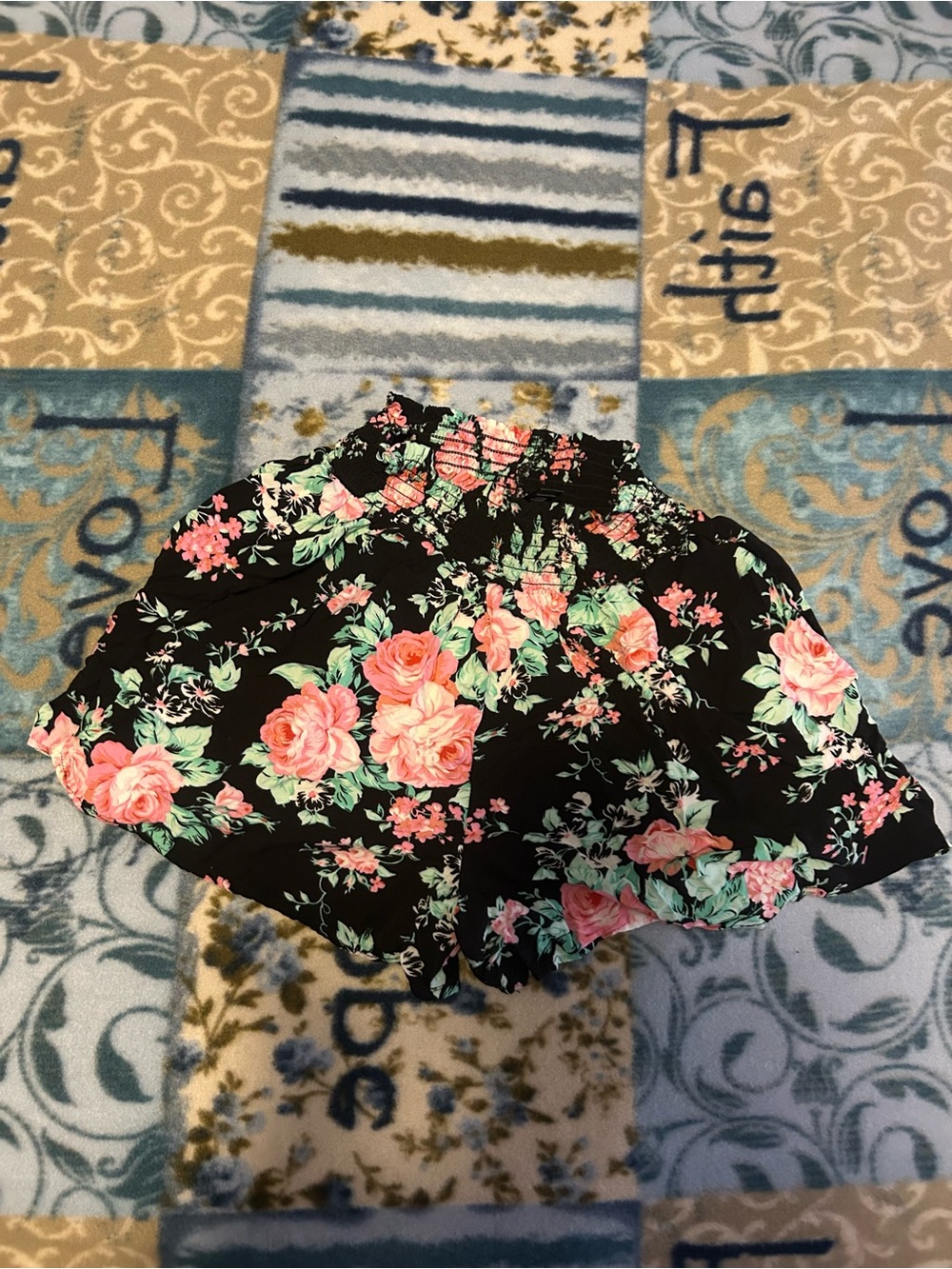 Streetwear Society Black Shorts with Pink & Mint Floral Print